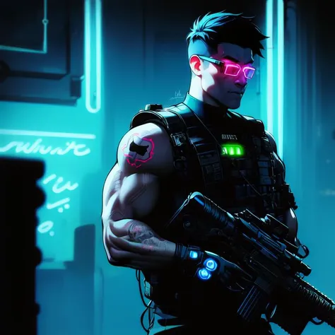 (best quality, masterpiece:1.3), thick outlines, face highlight, detailed face, detailed skin, 1boy, tactical gear, tactical, bulletproof vest, assault rifle, gun, holding weapon, action shot, toned,  blue hair, piercing, nose piercing, cyberpunk, punk, black lipstick, city, (neon light:1.7), sleeveless, mechanical arms, prosthetic arms, cyborg, night, (muscular male, bara:1.5)