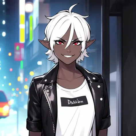 masterpiece, best quality, 1girl, t shirt, leather jacket, open jacket, skinny, smug, smirk, tomboy, drow, white hair, red eyes, pointy ears, grey skin, black skin, neon lights, city