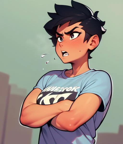 (best quality, masterpiece:1.3), thick outlines, face highlight, detailed face, detailed skin, 1girl, tomboy, tshirt, jacket, punk, angry, yelling, short hair, black jeans, bandaid on cheek, crossed arms, petite