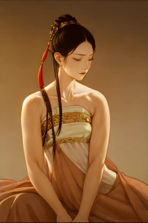 (Romance of the Three Kingdoms portrait, Fibonacci, digital watercolor, masterpiece:1.25) NSFW, 1girl, nude, Han Chinese, a young woman in the garden brushing a lock of hair behind her ear, academic, plain, regal, (volumetric lighting, dramatic shadows, asymmetrical composition, face highlights) <lora:hanfuTang31:0.5>