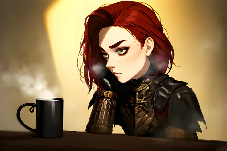 (sharp image, wide shot, masterpiece:1.25), 1girl, goth murder girl, 19 years old, auburn hair, bold eyebrows, stylish, fashionable, manicured, hazel eyes, realistic irises, haunted, blood hunter, black metal breastplate, drinking from steaming mug, small crossbow on table, detailed background:magic underground library, (((color depth, high-res, ultra-quality 16k)))