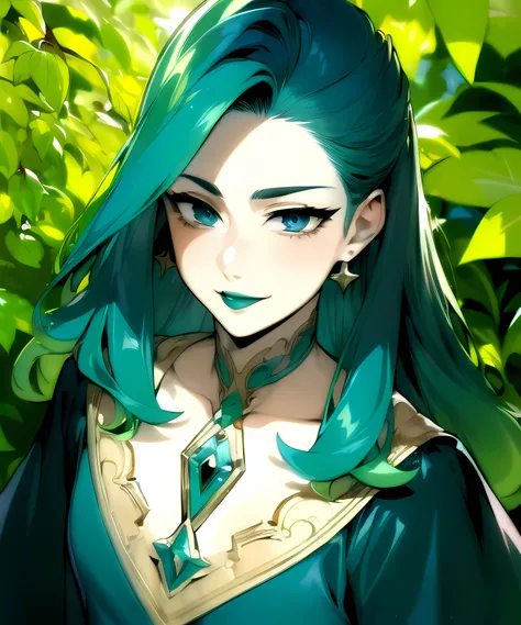 (masterpiece, high_quality:1.4), comics style, color explosion, portrait, medium chest, long emerald colored hair with teal highlights, blue eyes, black lips, smiling deviously, in the garden, detailed background 