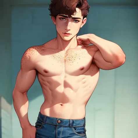 masterpiece, best quality, 1boy, freckles, body freckles, toned, topless male, skinny, jeans