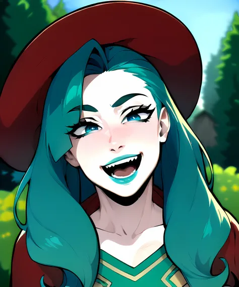 (masterpiece, high_quality:1.4), comics style, color explosion, portrait, medium chest, long emerald colored hair with teal highlights, blue eyes, black lips, smiling deviously, laughing maniacally, in the garden, detailed background 