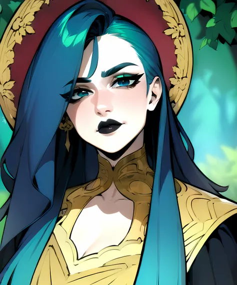 (masterpiece, high_quality:1.4), comics style, color explosion, portrait, woman, medium chest, long emerald colored hair with teal highlights, blue eyes, black lips, smug look, in the garden, detailed background 