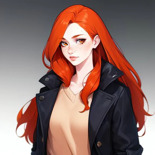 masterpiece, best quality, 1girl,  long jacket, open jacket, long hair, orange hair, freckles, brown hair