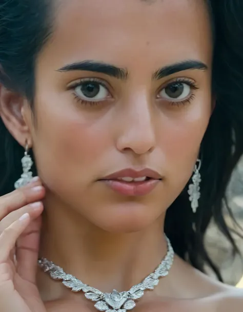 Katharine Rodriguez stood gracefully, her cascading black hair framing her radiant face, as she wore a stunning dress with exquisite jewelry adorning her slender neck and fingers. Her eyes locked with the viewers', capturing their attention while her elegant pose accentuated her allure within an intriguing depth of field, revealing subtly layered details, such as the dangling pendant of her necklace and the soft pout of her lips. Katherinne Rodriguez <lora:hwtrhr18e95f84337n2f2:1>