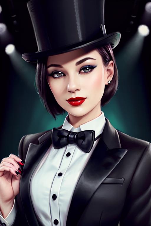 A close up of a woman in a tuxedo and top hat - SeaArt AI