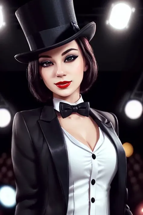 photo of a woman, <lora:missnoir-08:0.7>, missnoir, ((wearing a tuxedo jacket, shirt, bowtie, top hat, short hair):1.2), ((closeup, portrait)),((on stage, spotlights):1.2), ((red lipstick, makeup)), (smile), ((best quality, masterpiece, extreme details, high resolution):1.2),((detailed eyes, beautiful eyes, detailed face, beautiful face):1.2)