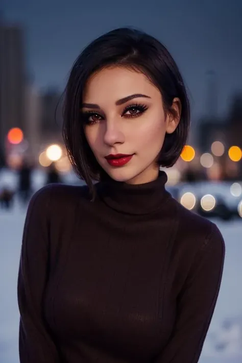 photo of a woman, ((short hair, dark brown hair)), ((turtleneck sweater, jacket)), ((outdoors, city, at night, snow)),smiling, ((red lipstick, eyeliner, eye shadow, blush)), ((best quality, masterpiece, extreme details, high resolution):1.2),((detailed eyes, beautiful eyes, detailed face, beautiful face):1.2) <lora:missnoir-06:0.6>, missnoir,