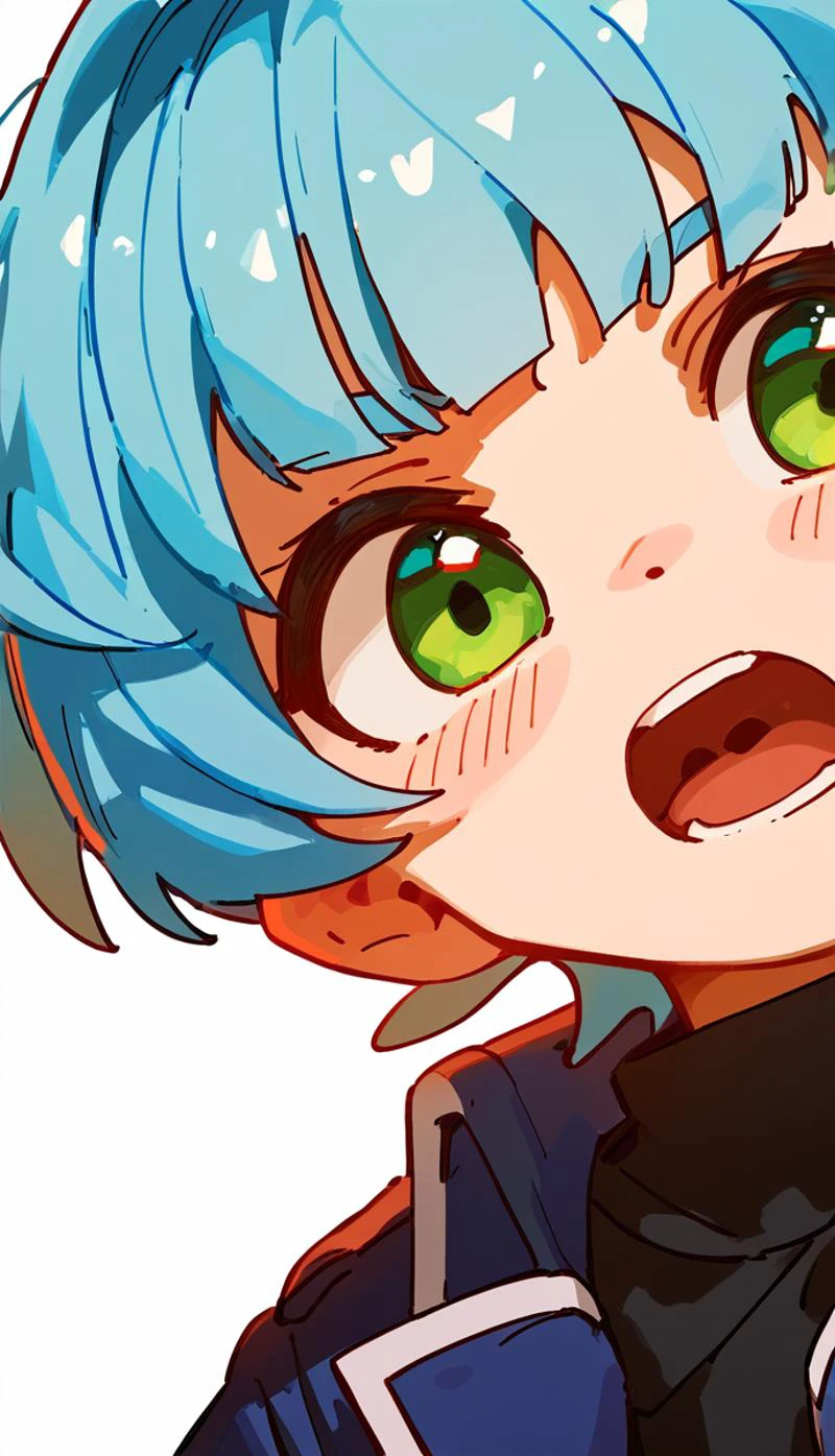 score_9, score_8_up, score_7_up, score_6_up, score_5_up, score_4_up, source_anime, 1boy, blue hair, green eyes, blue jacket, black shirt, open jacket, pose, , open mouth, <lora:Sora_YGO:0.8>,, gummo <lora:GummoXLLocon:0.7>