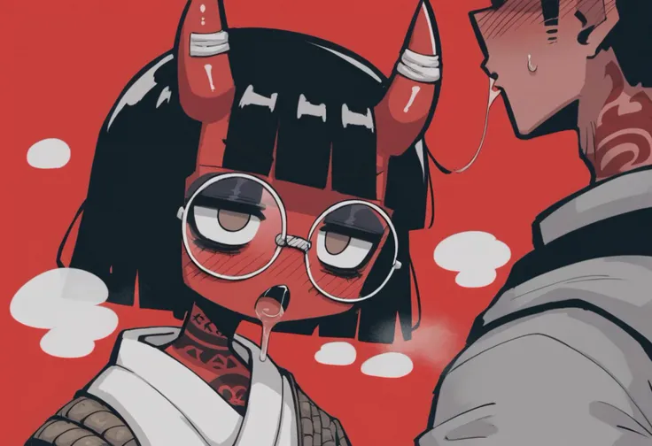 score_9, score_8_up, score_7_up, anime lineart, rating_explicit, <lora:GummoXLLocon:0.85>, gummo, BREAK 1girl, 1boy, face to face, looking at another, saliva, saliva trail, open mouth, blush, steaming, BREAK blunt bangs, hair completely covering eyes, freakles, succubus with silver horns and bat wings, red skin, colored skin, round eyewear, empty eyes, utsurome, goth girl, goth, makeup, body tattoo, samurai armor, samurai, japan, japanese culture, red background, <lora:Concept Art Eclipse Style LoRA_Pony XL v6:0.7>