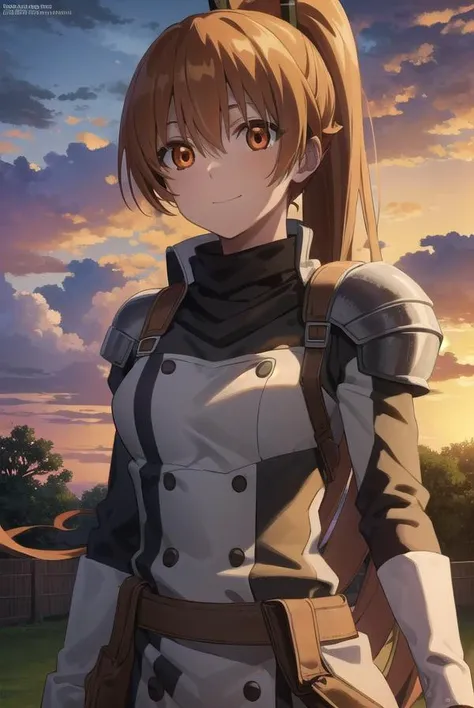 seryuuubiquitous, <lora:seryuu ubiquitous s1-lora-nochekaiser:1>,
seryuu ubiquitous, long hair, brown hair, (brown eyes:1.3), very long hair, ponytail, belt, armor, smile,
BREAK ,
BREAK outdoors, nature, forest, trees, grass, sky, clouds,
BREAK looking at viewer, (cowboy shot:1.5),
BREAK <lyco:GoodHands-beta2:1>, (masterpiece:1.2), best quality, high resolution, unity 8k wallpaper, (illustration:0.8), (beautiful detailed eyes:1.6), extremely detailed face, perfect lighting, extremely detailed CG, (perfect hands, perfect anatomy),