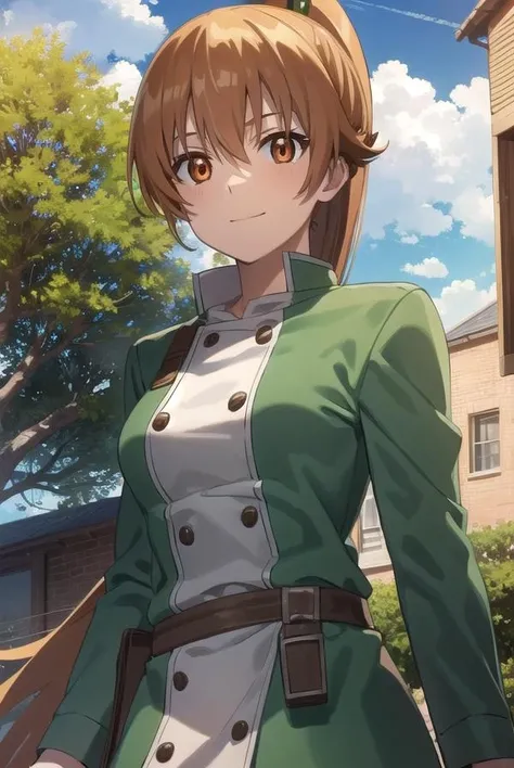 seryuuubiquitous, <lora:seryuu ubiquitous s1-lora-nochekaiser:1>,
seryuu ubiquitous, brown hair, (brown eyes:1.3), uniform, gauntlets, green uniform, military uniform, long sleeves, ponytail, long hair, smile,
BREAK ,
BREAK outdoors, nature, forest, trees, grass, sky, clouds,
BREAK looking at viewer, (cowboy shot:1.5),
BREAK <lyco:GoodHands-beta2:1>, (masterpiece:1.2), best quality, high resolution, unity 8k wallpaper, (illustration:0.8), (beautiful detailed eyes:1.6), extremely detailed face, perfect lighting, extremely detailed CG, (perfect hands, perfect anatomy),