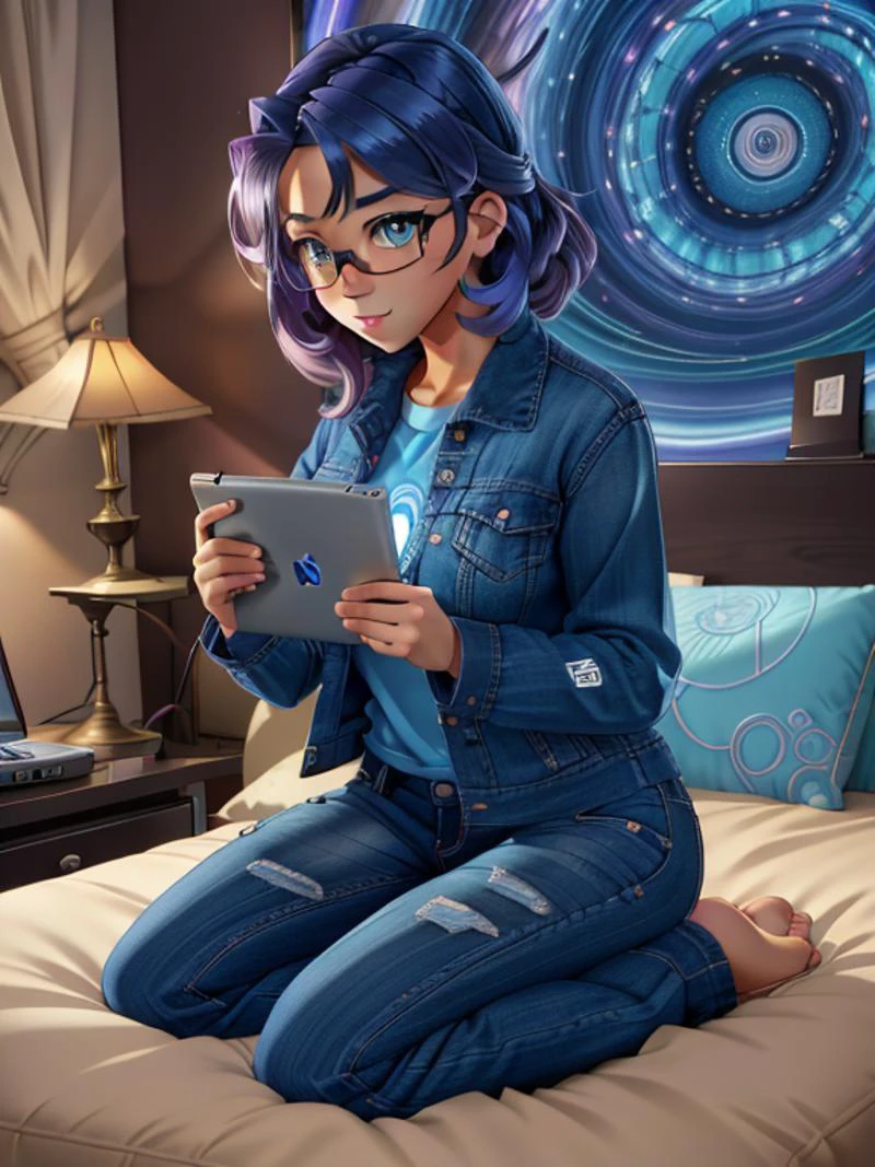 Ryder_McAllister, kneeling on bed, looking at laptop computer, glasses, hypnotized, spiral eyes, lit by display, wide eyes, hand in pants, spiral fractals,
<lora:XenoBABE_Ryder_McAllister_-_The_Girl_Next_Door:0.8>