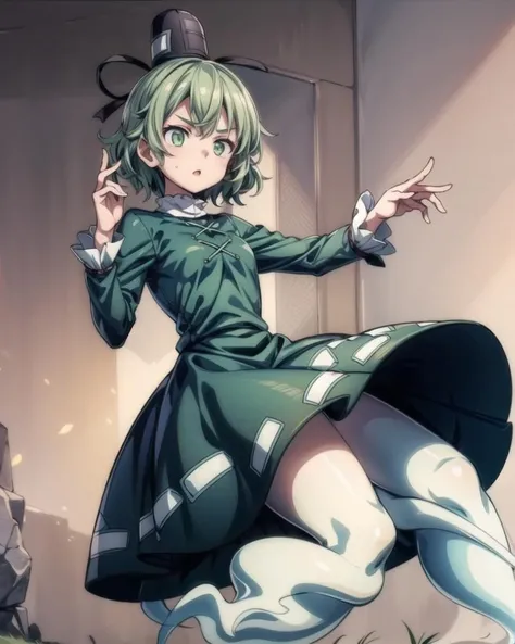 <lora:SoganoTojiko:1>,1girl,soga no tojiko, hat,green hair,short hair,green eyes,long sleeves, green dress,ghost tail,(ghost legs:1.4), <lora:add_detail:1>, masterpiece, best quality,