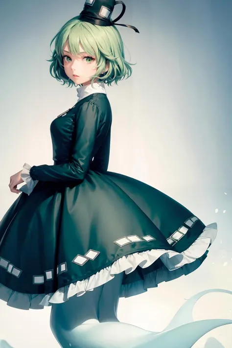 masterpiece, best quality, <lora:SoganoTojiko:1>,1girl,soga no tojiko, hat,green hair,short hair,green eyes,long sleeves, green dress,ghost tail,(ghost legs:1.2),grey background,