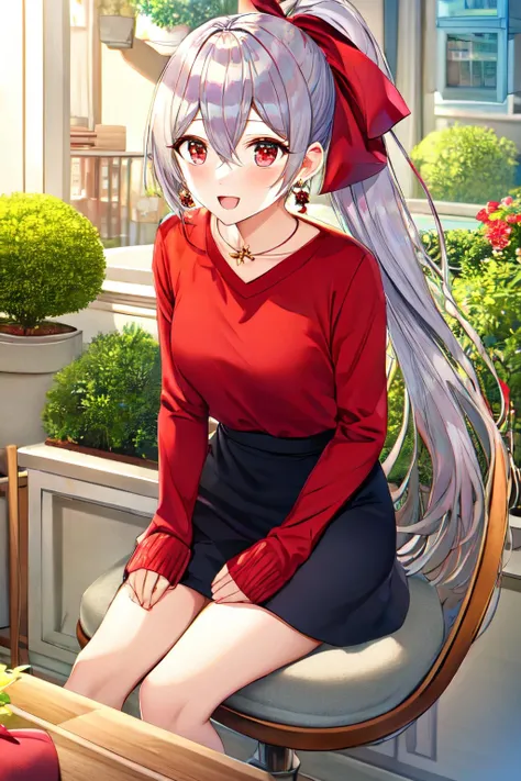 torino aqua style, contemporary, red shirt, black skirt, plant, medium breasts, red sweater, smile, looking at viewer, red ribbon, hair between eyes, day, ponytail, collarbone, sweater, table, :d, earrings, jewelry, ribbon, blush, skirt, bag, necklace, phone, sleeves past wrists, chair, 1girl, long hair, potted plant, sitting, open mouth, grey hair, long sleeves, solo, black footwear, flower, casual, red eyes, hair ribbon<lora:torino_aqua_style:1>