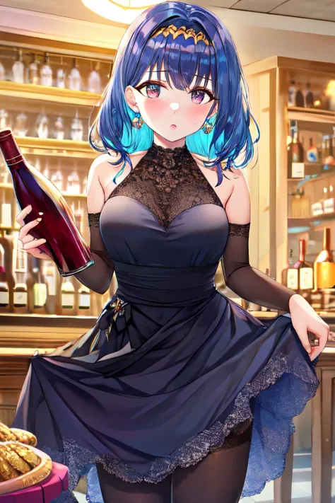 (masterpiece), (best quality), (Clear focus), (Depth of Field), (woman): Solitary, (Perfect face), (Detailed clothing), (Busty),(Sad expression), beautiful woman, blue eyes, whole body, Blue Hair, Long hair, (Black sexy dress) (((((Night scene background))))), (((at the bar))), wine, whiskey, High ball,(Shiny and glowing, Effect:1.2)