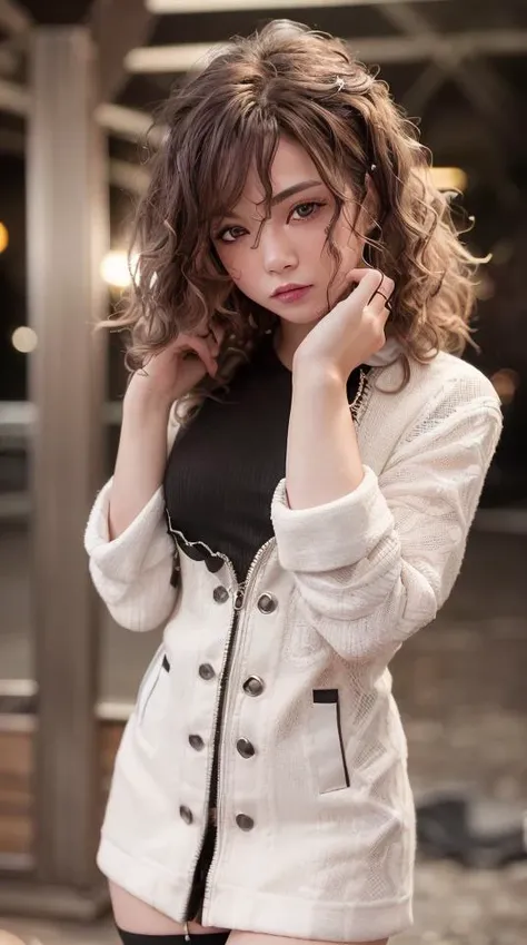 <lora:Bonniee:0.66> bonniee, an embarassed brunette wavy curly hair bonniee, white jacket, bokeh, petite body, in an amusement park, fullbody photoshoot, portrait, silver slim black dress, solo girl, masterpiece, best quality, 64k, RAW, (soft focus:1.4),photorealistic,(lens distortion:0.7), (chromatic aberration:0.7), intricate,cinematic lighting,cinematic,depth of field, hyper-detailed, ultra realistic, tonemapping, sweet lady photo taken by senior photographer, (moody lighting:1.5), (detailed face:1.1), (((skin imperfections))), professional photo color tuning, lots of face details, standing, slim body, stockings,