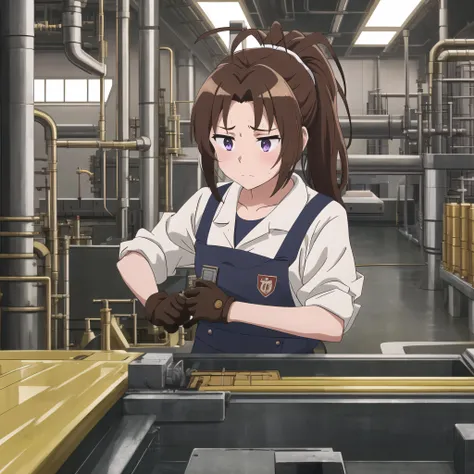 masterpiece, best quality, highres, 1girl, solo, <lora:nakagawa_natsuki_v1:0.7>, nakagawa natsuki, brown hair, pony tail, purple eyes, antenna hair, long hair, head tilt, factory, conveyor belt, working hard, sweat, industrial setting, factory worker, conveyor belt, hard work, determined expression, focused, repetitive tasks, machinery noise, assembly line, safety gear, efficiency, production process, fast-paced, concentration, teamwork, precision, automation, manufacturing environment, productivity, hands-on, dedicated effort, uniform, mechanical motion, industrial equipment, task-oriented, manufacturing industry, assembly process, skilled labor, synchronized movement, work ethic, commitment
