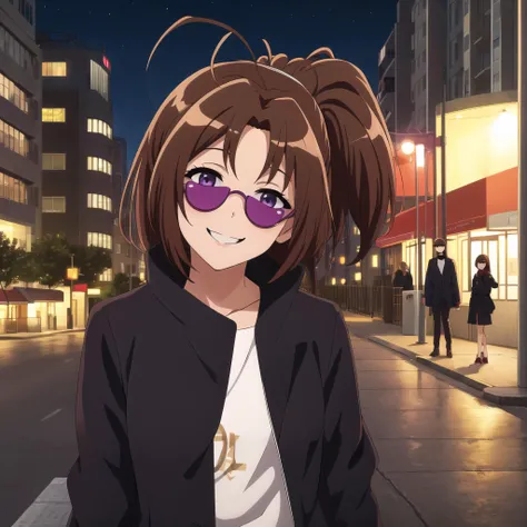 masterpiece, best quality, highres, 1girl, solo, <lora:nakagawa_natsuki_v1:0.7>, nakagawa natsuki, brown hair, pony tail, purple eyes, antenna hair, long hair, head tilt, evening, street, sunglasses, looking cool, urban setting, girl, street scene, evening, sunglasses, confident stance, casual style, cool demeanor, self-assured, smiling, urban backdrop, city lights, outdoor atmosphere, trendy sunglasses, positive vibes, urban lifestyle, evening glow, radiant smile, cityscape, relaxed posture, modern city, sidewalk, carefree, confident smile, contemporary look, city night, upbeat attitude, urban coolness