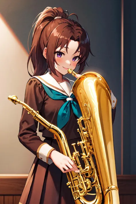 masterpiece, best quality, highres, brown high ponytail hair, light purple eye, <lora:NakagawaNatsukiHibikeEuphonium_v10:1>,1girl,(kitauji_high_school_uniform:1.3),playing brass-wind instrument, music class room