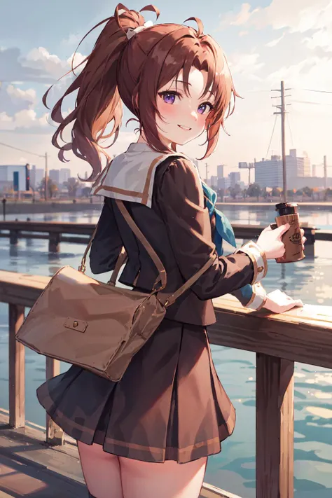 best quality, highres, 1girl, nakagawa natsuki, solo, brown_school uniform, brown hair, skirt, kitauji high school uniform, ponytail, serafuku, sailor collar, neckerchief, pleated skirt, shirt, purple eyes, long sleeves, white sailor collar, blue neckerchief, long hair, brown shirt, brown skirt, bangs, <lora:nakagawa_natsuki_v1:0.7>, smile, cowboy shot,