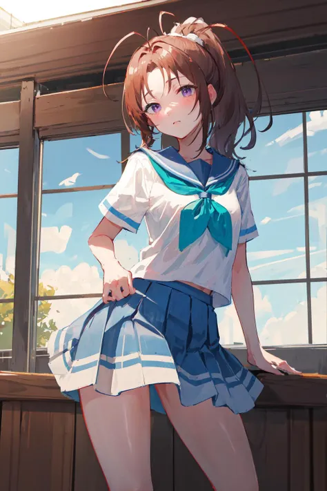 masterpiece, best quality, highres, 1girl, solo, school uniform, skirt, nakagawa natsuki, kitauji high school uniform, brown hair, socks, serafuku, purple eyes, neckerchief, sailor collar, pleated skirt, white socks, ponytail, blue skirt, short sleeves, shirt, white shirt, blue sailor collar, blue neckerchief, antenna hair, long hair, head tilt, aqua neckerchief, <lora:nakagawa_natsuki_v1:0.7>, cowboy shot,