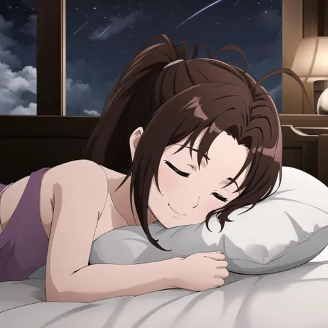 masterpiece, best quality, highres, 1girl, solo, <lora:nakagawa_natsuki_v1:0.7>, nakagawa natsuki, brown hair, pony tail, purple eyes, antenna hair, long hair, head tilt, dark room, night, sleeping, bed, softly smiling while sleeping, closed eyes, lights off, dark sky, peaceful sleep, girl, serene expression, contentment, darkness, bedroom, quietude, tranquil, relaxation, slumber, cozy atmosphere, pleasant dreams, restful state, soft pillow, deep rest, comfort, solitude, tranquil environment, facial serenity, undisturbed rest, subconscious, tranquil setting, tranquil ambiance, sleep-induced smile, blissful sleep, peaceful repose, calmness, sleep sanctuary, dreamland, complete darkness, rejuvenation