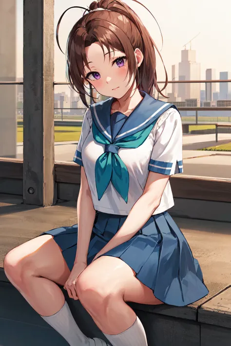 best quality, highres, 1girl, solo, school uniform, skirt, nakagawa natsuki, kitauji high school uniform, brown hair, socks, serafuku, purple eyes, neckerchief, sailor collar, pleated skirt, white socks, ponytail, blue skirt, short sleeves, shirt, white shirt, blue sailor collar, blue neckerchief, antenna hair, long hair, head tilt, aqua neckerchief, <lora:nakagawa_natsuki_v1:0.7>