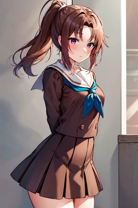 best quality, highres, 1girl, nakagawa natsuki, solo, brown_school uniform, brown hair, skirt, kitauji high school uniform, ponytail, serafuku, sailor collar, neckerchief, pleated skirt, shirt, purple eyes, long sleeves, white sailor collar, blue neckerchief, long hair, brown shirt, brown skirt, bangs, <lora:nakagawa_natsuki_v1:0.7>, cowboy shot,