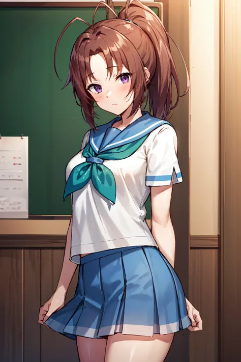 masterpiece, best quality, highres, 1girl, solo, school uniform, skirt, nakagawa natsuki, kitauji high school uniform, brown hair, socks, serafuku, purple eyes, neckerchief, sailor collar, pleated skirt, white socks, ponytail, blue skirt, short sleeves, shirt, white shirt, blue sailor collar, blue neckerchief, antenna hair, long hair, head tilt, aqua neckerchief, <lora:nakagawa_natsuki_v1:0.7>, cowboy shot,