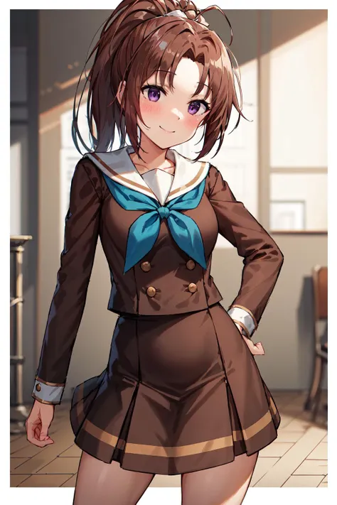 best quality, highres, 1girl, nakagawa natsuki, solo, brown_school uniform, brown hair, skirt, kitauji high school uniform, ponytail, serafuku, sailor collar, neckerchief, pleated skirt, shirt, purple eyes, long sleeves, white sailor collar, blue neckerchief, long hair, brown shirt, brown skirt, bangs, <lora:nakagawa_natsuki_v1:0.7>, smile, cowboy shot,