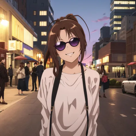 masterpiece, best quality, highres, 1girl, solo, <lora:nakagawa_natsuki_v1:0.7>, nakagawa natsuki, brown hair, pony tail, purple eyes, antenna hair, long hair, head tilt, evening, street, sunglasses, looking cool, urban setting, girl, street scene, evening, sunglasses, confident stance, casual style, cool demeanor, self-assured, smiling, urban backdrop, city lights, outdoor atmosphere, trendy sunglasses, positive vibes, urban lifestyle, evening glow, radiant smile, cityscape, relaxed posture, modern city, sidewalk, carefree, confident smile, contemporary look, city night, upbeat attitude, urban coolness