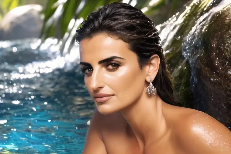 close up of penelope cruz face in a white bikini with textured smooth skin and bright highlights with sun rays shining brightly bokah effects lit scene in jungle waterfall with pool of water vivid saturated natural colors global illumination extreme natural details natural atmosphere UHD 8k high definition cinematic real life render highly detailed (photorealistic:1.2)