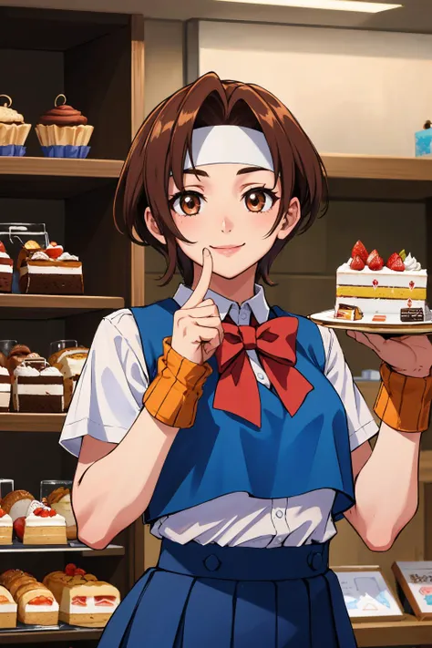 <lora:hinatawakaba-nvwls-v1-final:0.8> wakaba hinata, headband, white shirt, bow, blue vest, pleated skirt, fingerless gloves, socks, sneakers, short hair
masterpiece, best quality, absurdres, ((cake store)), upper body, smile