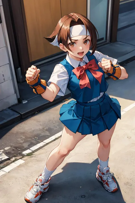 masterpiece, best quality, wakabahinata, headband, white shirt, bow, blue vest, pleated skirt, fingerless gloves, socks, sneakers, looking at viewer, standing, fighting stance, fists, furrowed brow, :D, from above, city street <lora:hinatawakaba-nvwls-v1-000008:0.9>