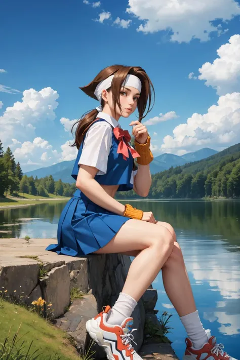 masterpiece, best quality, wakabahinata, headband, white shirt, bow, blue vest, pleated skirt, fingerless gloves, socks, sneakers, sitting, from side, lake, sky, clouds <lora:hinatawakaba-nvwls-v1-000008:0.9>