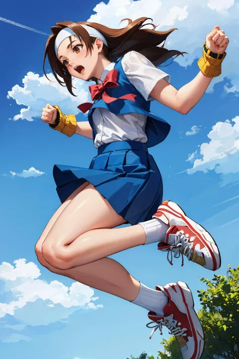 masterpiece, best quality, wakabahinata, headband, white shirt, bow, blue vest, pleated skirt, fingerless gloves, socks, sneakers, sky, clouds, running, (jumping:1.6), city street, surprised, from side <lora:hinatawakaba-nvwls-v1-000008:0.9>