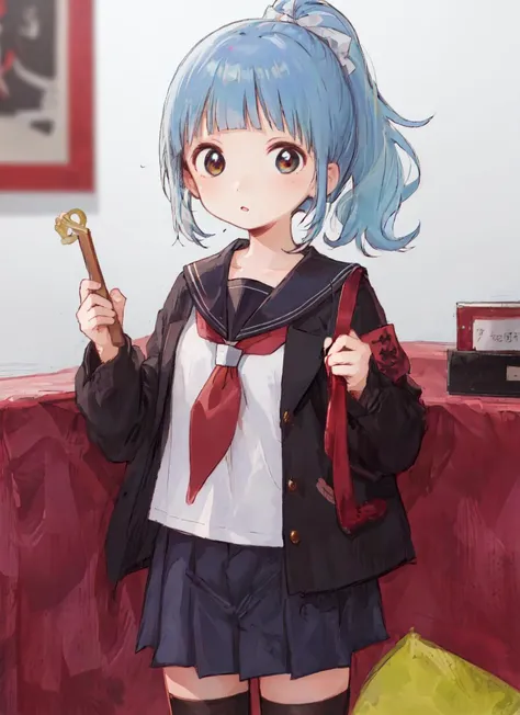masterpiece, best quality, 1girl, cowboy shot, standing, blunt bangs, short hair, ponytail, blue hair, school uniform, serafuku, white background, simple background, blurry background, <lora:moeplus2.1:1>