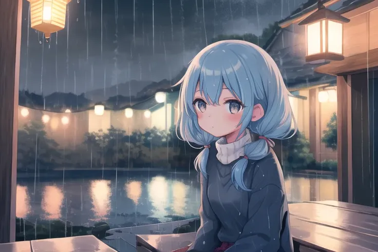 masterpiece, best quality, 1girl, upper body, sitting, swept bangs, medium hair, twintails, blue hair, sweater, fluffy, outdoors, rain, lantern, scenery, blurry background, <lora:softpastel:0.9>