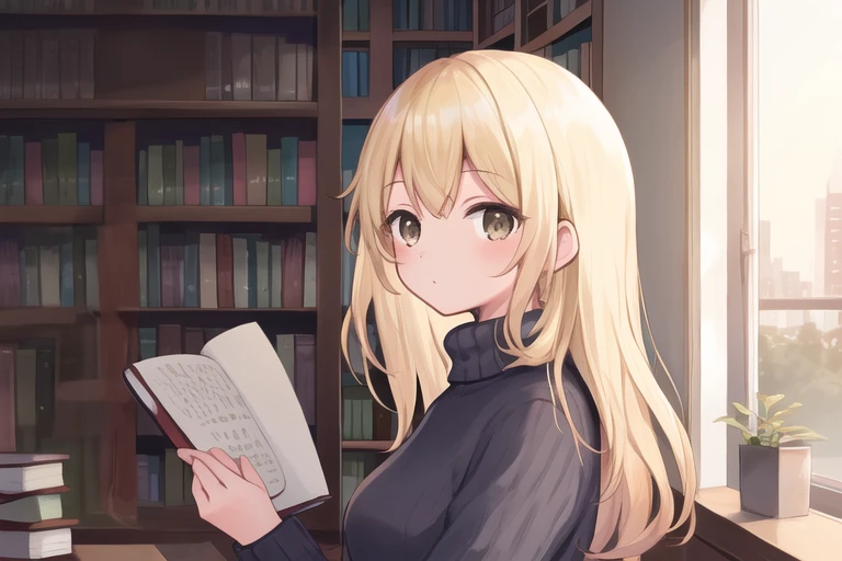 masterpiece, best quality, 1girl, portrait, standing, blunt bangs, medium hair, , blonde hair, sweater, fluffy, indoors, bookshelf, book, scroll, , <lora:softpastel:0.9>