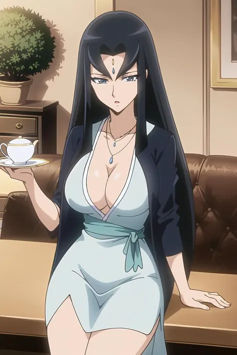 ((masterpiece)),((best quality)),ultra-detailed,illustratio,Explicit,Beautiful body,Beautiful Nose,Beautiful character design,perfect eyes,perfect face,wallpaper,ultra highres,4K,photography,(Beautiful,large breasts:1.2),(beautiful face:1.2),cinematic lighting,soft lights,beautiful legs,perfect legs,shiny skin,nsfw,official style,official art,sanime screencap,anime coloring,Misty Lola,1girl, long hair, black hair, breasts, blue eyes, solo, cleavage, teacup, tray, jewelry, necklace, cup, teapot, dress, very long hair, tea, parody, plant, indoors, jacket, saucer, casual,<lora:Misty Lola:0.7>