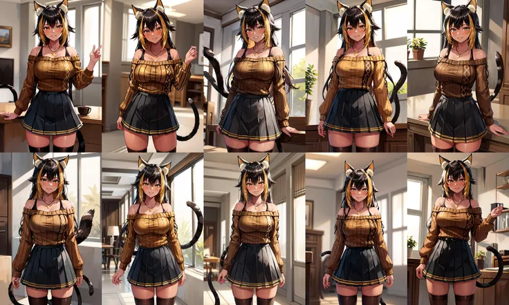 masterpiece, best quality, highres, hmnc1, animal ears, tail, dark skin, multicolored hair, black thighhighs, off-shoulder sweater, pleated skirt, black skirt, jewelry, necklace, ribbed sweater, collarbone, <lora:nekoyo_chloe_v1:0.7>, cowboy shot, standing, indoors, smile