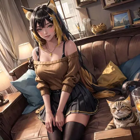 masterpiece, best quality, ultra-detailed, sharp, epic lighting, cinematic composition, <lora:nekoyo_chloe_v1:0.7> 1girl, hmnc1, animal ears, tail, dark skin, multicolored long hair, hair ornament, black thighhighs, off-shoulder sweater, pleated skirt, black skirt, jewelry, necklace, ribbed sweater, collarbone, :3, smile, fang, cats, feline, sitting, sofa, looking at viewer, indoors, living room, (8k:1.1)