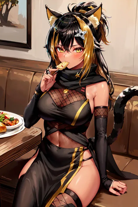 masterpiece, best quality, highres, hmnc1, animal ears, tail, dark skin, multicolored hair, hair ornament, fishnets, bridal gauntlets, black scarf, ponytail, black thighhighs, elbow gloves, pelvic curtain, sash, <lora:nekoyo_chloe_v1:0.7>, cowboy shot, food, eating, restaurant, table, sitting