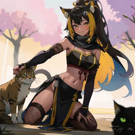 masterpiece, best quality, ultra-detailed, sharp, epic lighting, cinematic composition, <lora:nekoyo_chloe_v1:0.7> 1girl, hmnc1, animal ears, tail, dark skin, multicolored long hair, hair ornament, fishnets, bridal gauntlets, black scarf, ponytail, black thighhighs, elbow gloves, pelvic curtain, sash, :3, smile, fang, cats, feline, sitting, kneeling, outdoors, village, sakura trees, (8k:1.1)