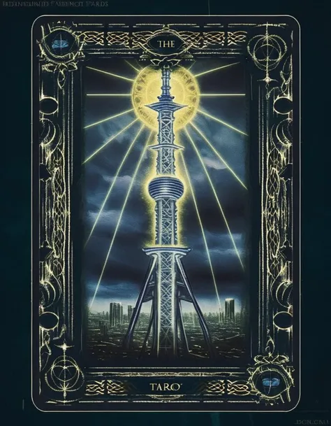 A tarot card depicting 'The Tower,' with the Tokyo Skytree as its centerpiece. The scene is dramatic, capturing the essence of sudden change and upheaval symbolized by 'The Tower.' The Tokyo Skytree stands tall and imposing, with lightning striking its pinnacle against a tumultuous sky. People are depicted in the act of falling around it, representing the chaos of transformation. The background features a cityscape of Tokyo in a state of disarray, highlighting the card's themes of disruption and revelation. The card's borders are ornate, befitting the traditional tarot aesthetic <lora:edrtcard:0.75>