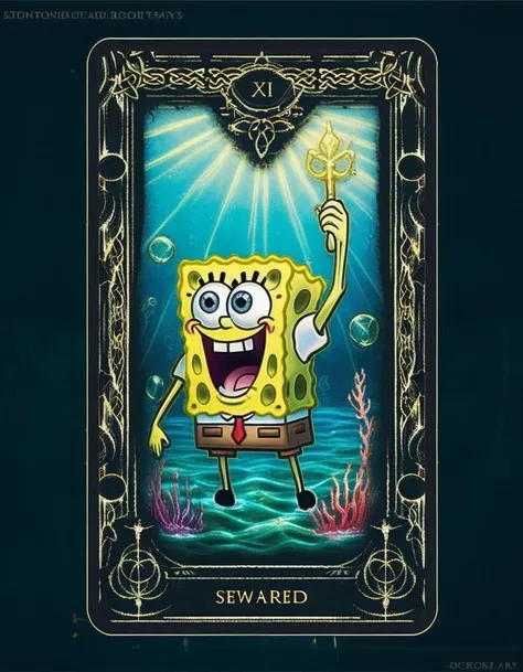 A Tarot card featuring SpongeBob SquarePants as the central character, surrounded by a whimsical underwater scene. SpongeBob, in his iconic square shape and bright yellow color, is positioned at the center, holding a magical trident that symbolizes power and control. The background is a vibrant depiction of Bikini Bottom, with bubbles, coral, and colorful sea creatures adding to the mystical ambiance. The card's border is ornate, reminiscent of traditional Tarot imagery, with symbols and icons related to SpongeBob's world subtly integrated into the design. <lora:edrtcard:0.75>